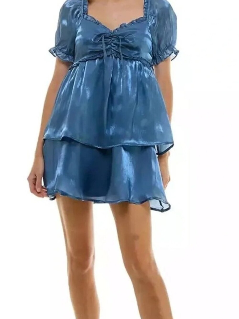 Crystal Doll Shimmer Blue Puff-Sleeve Tiered Satin Top